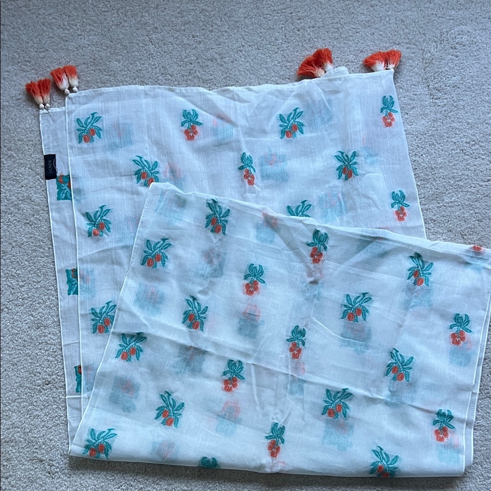 J. Crew White Scarf with Orange and Green Embroidery Cotton Voile New no Tag